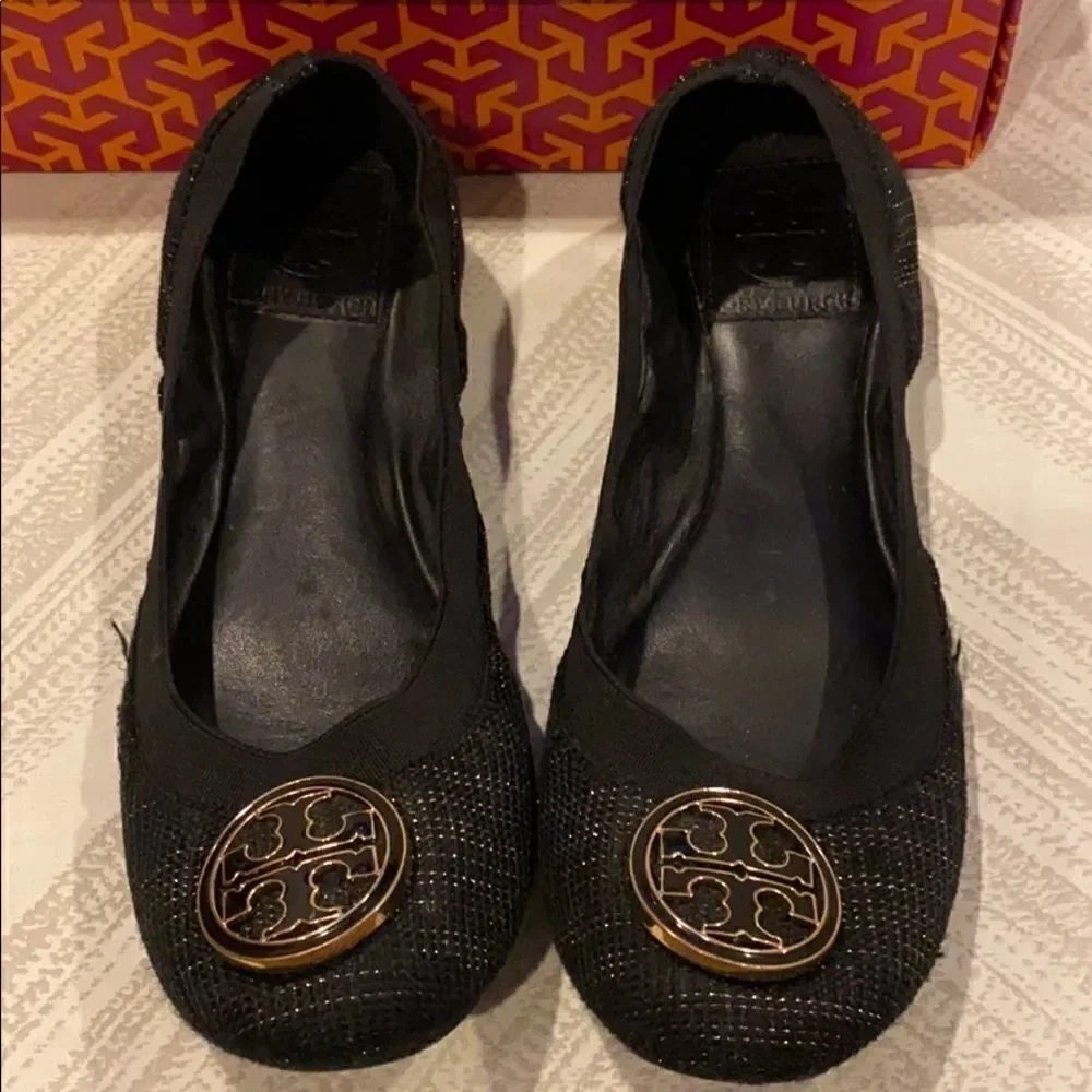 Tory Burch Black Caroline Arabia Elastic Flats - Size 7 1/2